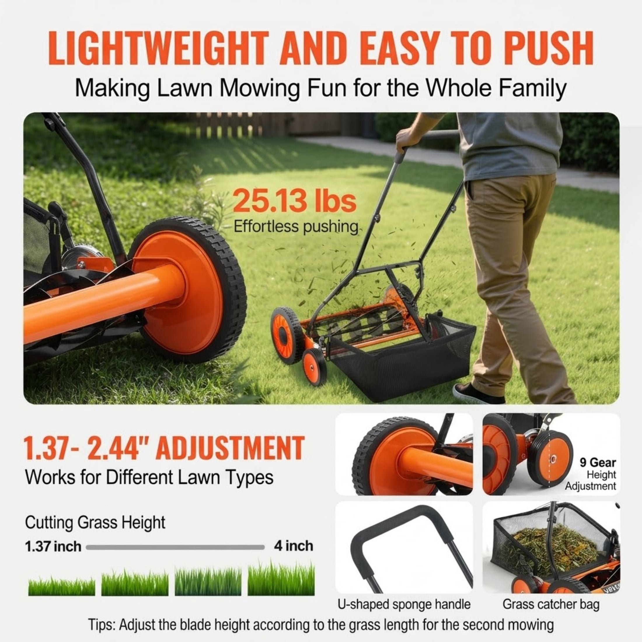 JUVOCT 18-Inch 5-Blade Push Reel Lawn Mower, Manual Walk-Behind Mower with Grass Catcher and Adjustable Height