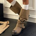 thumbnail image 5 of Xfvqtps Vintage Mid Calf Boots for Women Pull on Round Toe Thick Sole Buckle Strap Faux Leather Tall Boots, 5 of 8