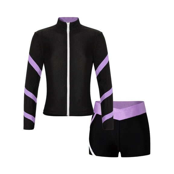 Hansber Kids Girls Athletic Tracksuits Long Sleeve Zip-up Jackets with Gymnastics Shorts Sports Outfits Set Light Purple 14