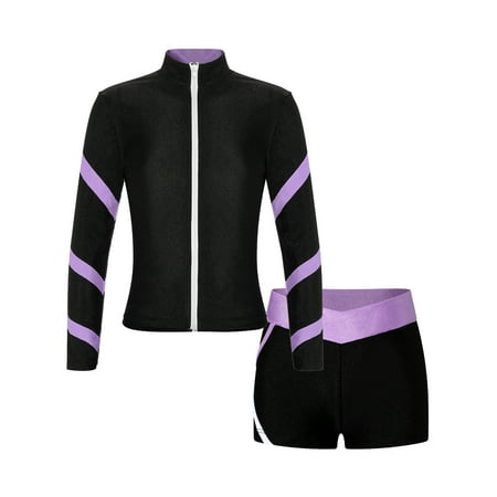 CHICTRY Kids Girls Zippered Sports Gym Suit Long Sleeve Shiny Rhinestone Snowflake Sweatshirt with Shorts Tracksuit Light Purple 16