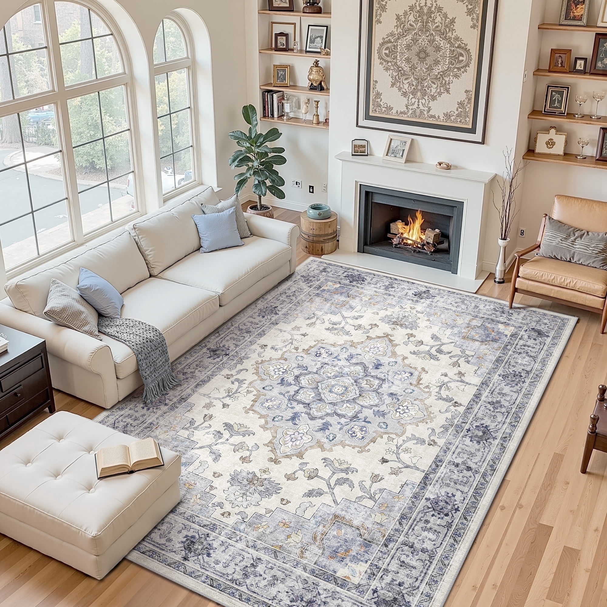 NewBuros 8'x10' Area Rugs, Machine Washable Non Slip Rugs for Living Room, Low Pile Water Repellent Soft Vintage Print Pattern Bedroom Carpet, Blue & White
