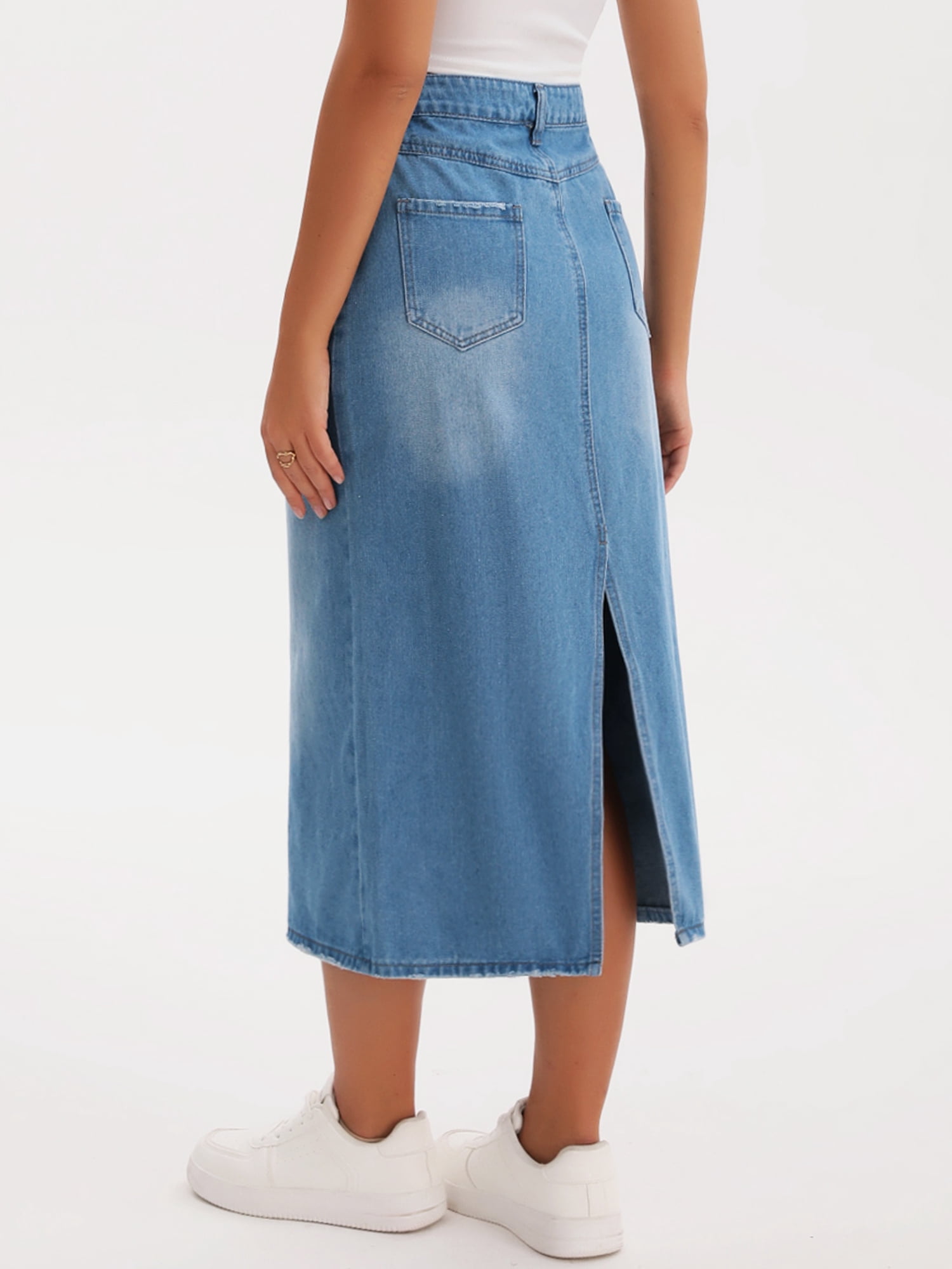 DARING DIVA Women's Denim Split Back Pockets Pencil Midi Jean Skirts Small Light Blue