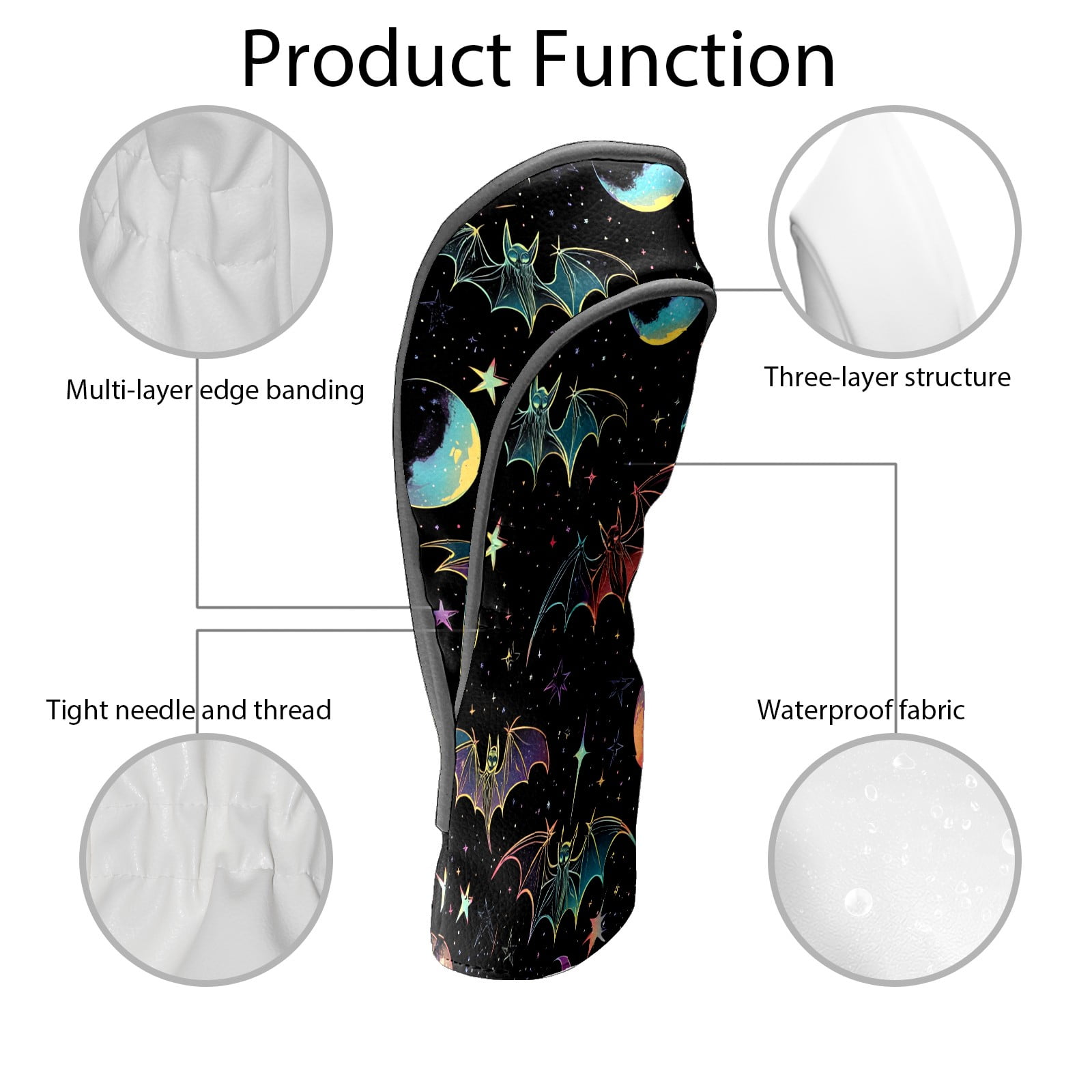 Golf Club Head Covers - Galaxy Purple Bats Design, Premium PU Leather Driver Hybrid Headcovers with Velvet Lining, Waterproof Golf Gifts for Men Women
