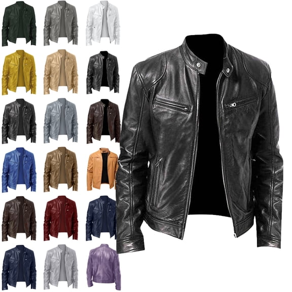 Zeliretfy Mens Jacket Men's Solid Color Long Sleeved Casual Leather Jacket Long Sleeve Hoodless Faux Leather Outwear Jacketss for men Black S