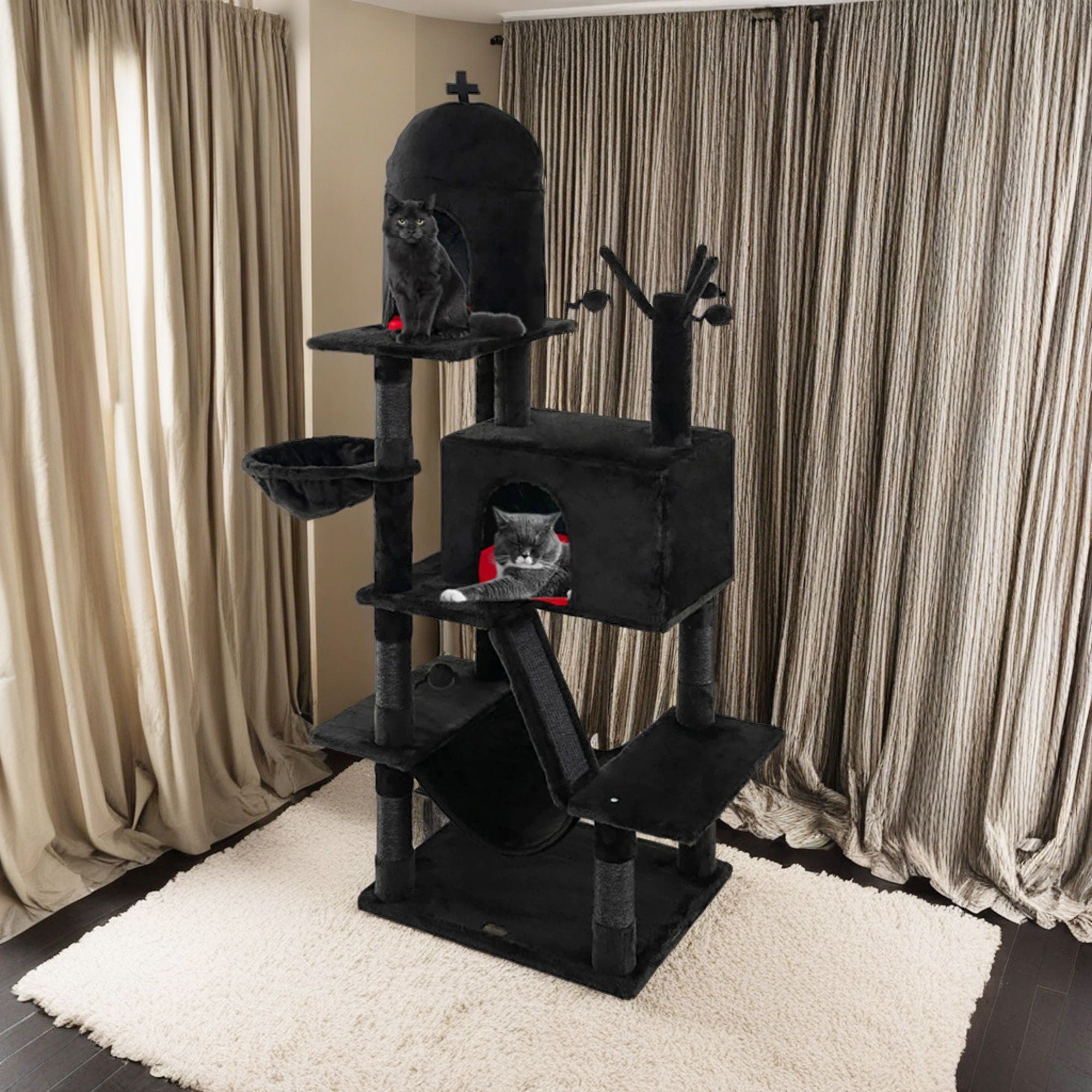 Pefilos 67" Gothic Cat Tree Tower with Scratching Post and Cat Condo, Cat Tree House with Hammock, for Small Medium Cats, Black