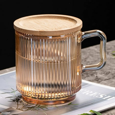 

Brown Glass Coffee Mug with Lid Clear Glass Coffee Cups Classical Vertical Stripes Coffee Mugs for Latte Juice Tea 12.5 Ounces