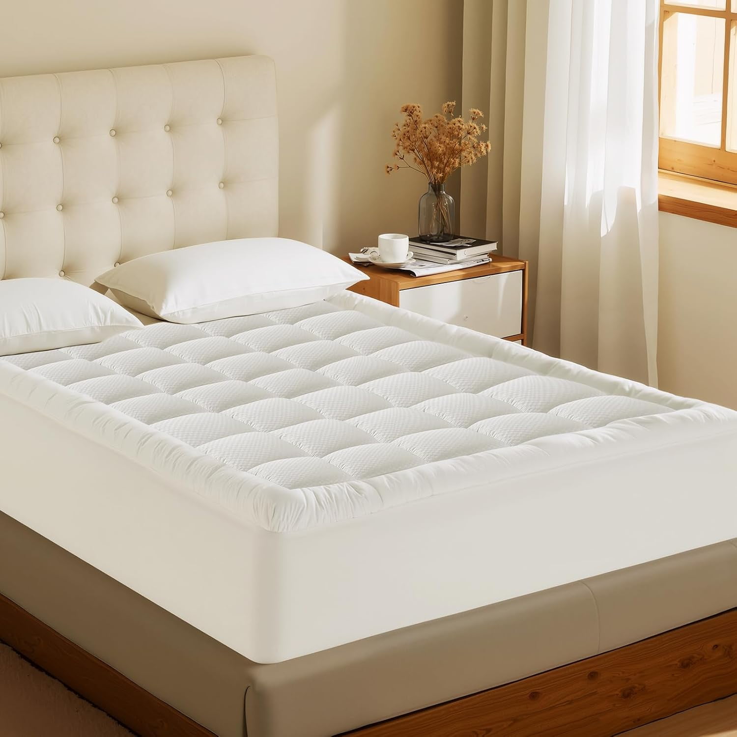 Fusion Twin XL Mattress Pad - Cooling Breathable Mattress Topper, Quilted Fitted Mattress Protector, Pillow Top Mattress Cover with 8-21" Deep Pocket, Soft, Machine Washable, White, Twin Extra Long