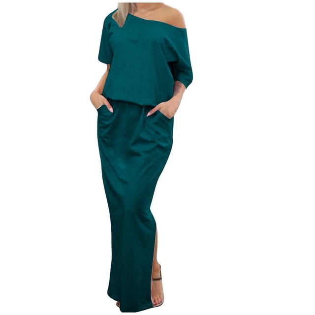 QIPOPIQ Robe d'Été 2024 pour Femme, Épaules Dénudées, Manches Courtes, Côtelée, Décontractée, Soirée, Moulante, Maxi, Liquidation