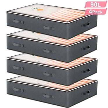 4 Pack 90L Under Bed Storage Containers,Closet Organizers and Storage,Foldable Underbed Storage Bags with Clear Window & Reinforced Handles for Clothing, Bedding,Gray