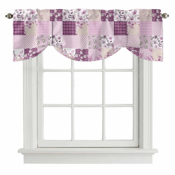 Tie Up Valances for Windows, Boho Purple Flowers Adjustable Valance Curtains Window Treatment for Living Room, Spring Floral Botanical Patchwork Vintage Rod Pocket Kitchen Curtains 60x18 Inch