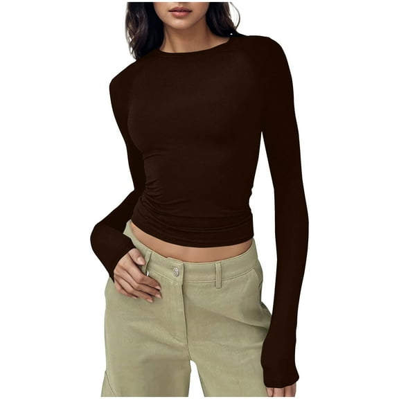 Arnsht Womens Long Sleeve Shirts Basic Tees Y2k Slim Fit T Shirt Crew Neck Trendy Crop Top Casual Fashion Fall Outfits Brown XXL