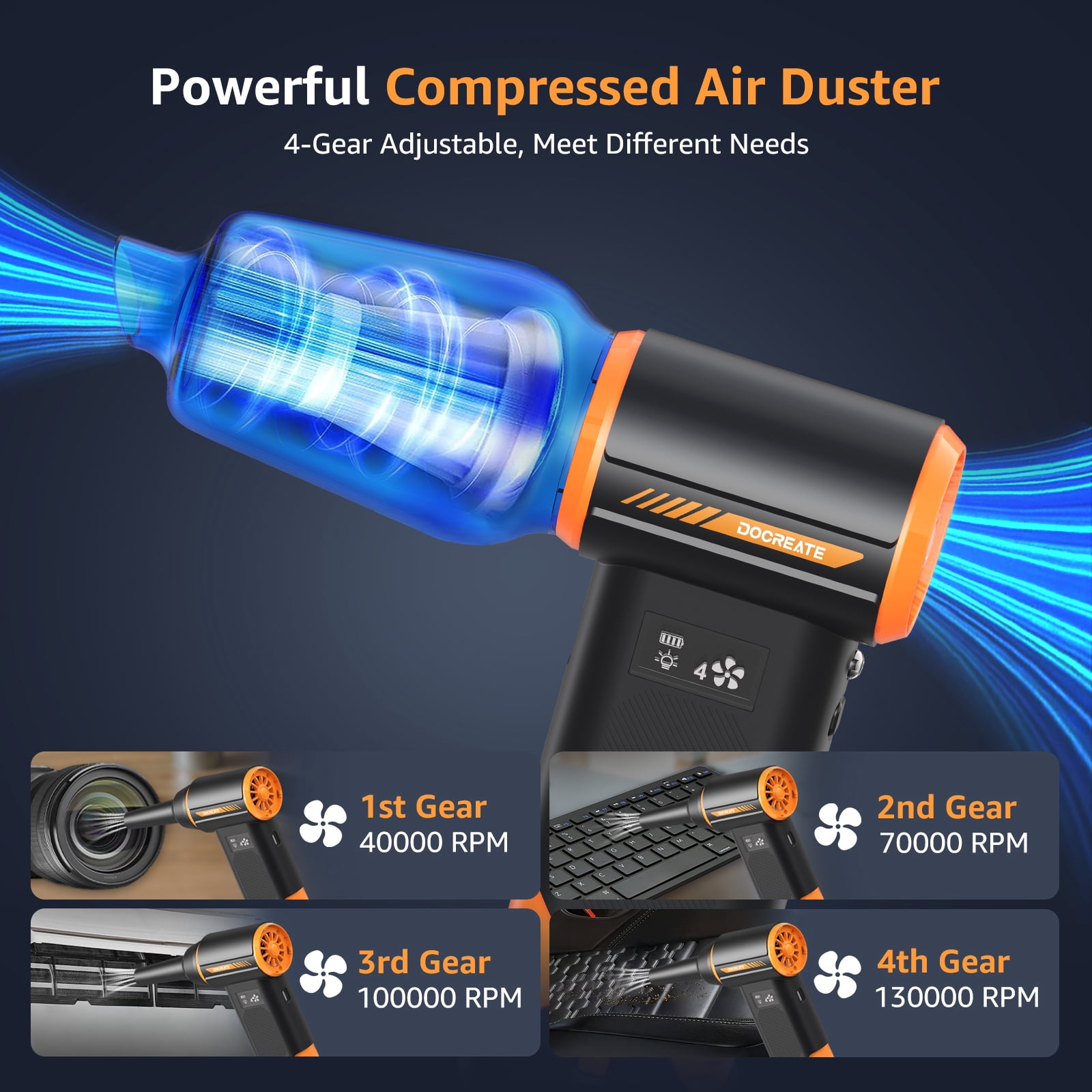Nogroa Compressed Air Duster, 130000RPM Air Duster and Vacuum 2 in 1, Rechargeable Mini Blower with LED Light, 4 Gear Adjustable Cordless Electric Air Duster for Keyboard/Car/Outdoor & House
