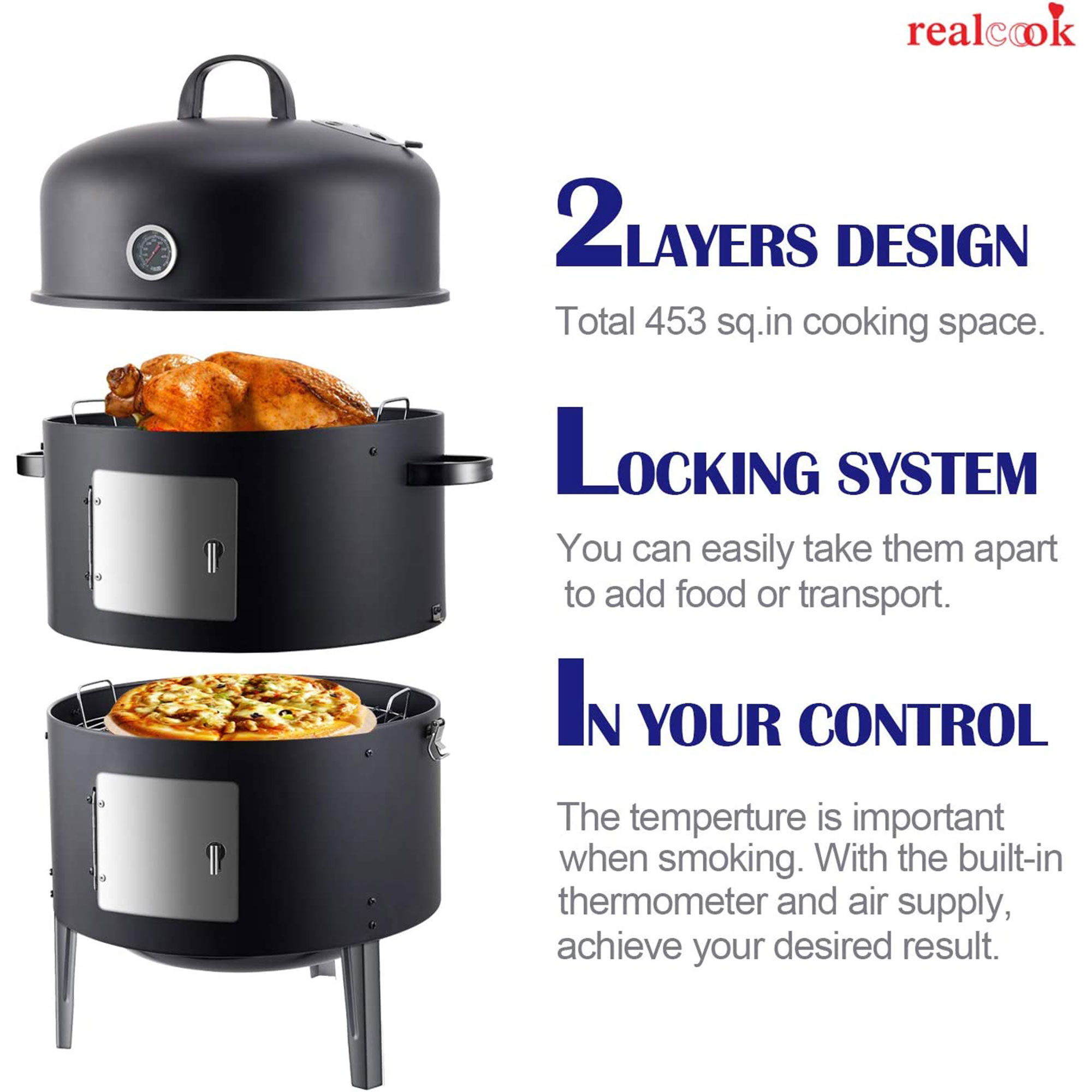 Realcook 17 inch Vertical Heavy Duty Steel Charcoal Outdoor Smoker, Black - image 3 of 9