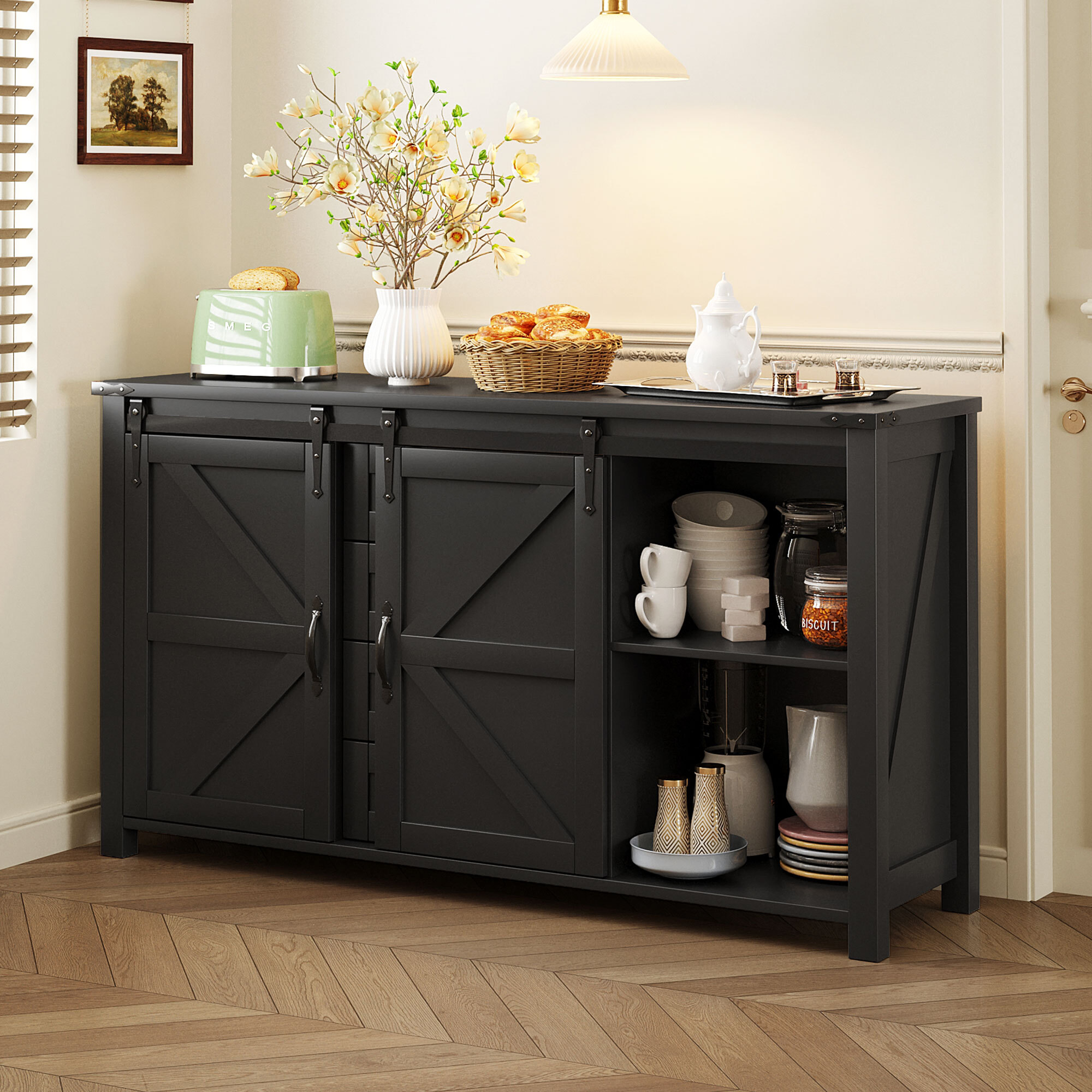 Euroco 55" Large Sideboard Buffet Cabinet, Farmhouse Storage Cabinet with Sliding Barn Doors,Power Outlet and 4 Drawers,Wood Coffee Bar Table for Kitchen,Living Room,Black
