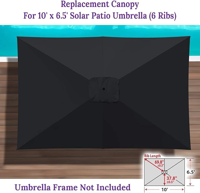 SOLAXO 6-Rib 10'x6.5' Solar Patio Umbrella Replacement Canopy cover for Outdoor