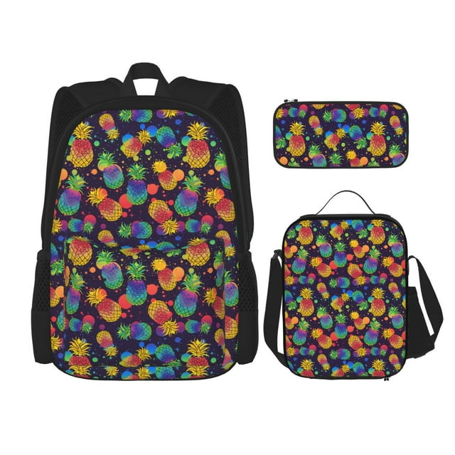 Vsdgher Ananas Colorés 1 Impression Sac à Dos Grande Capacité Trousse Combinaison Ensemble 3 Pcs pour Étudiant