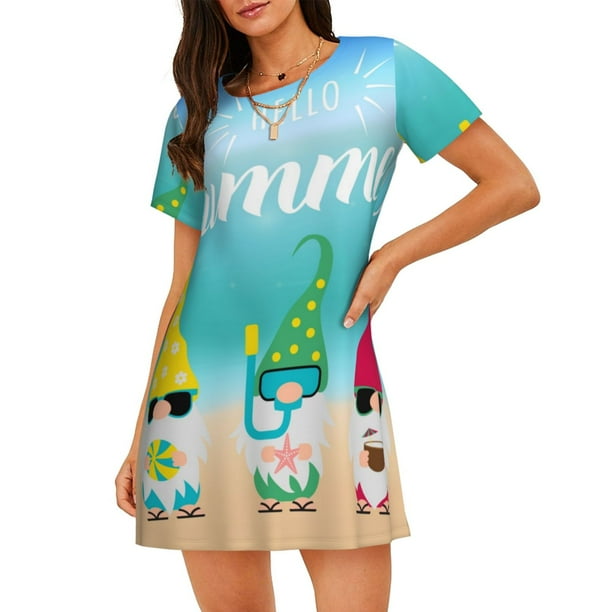 Balery Hello Summer Gnome 1 Camisón de manga corta con cuello redondo para mujer, cómodo y elegante.