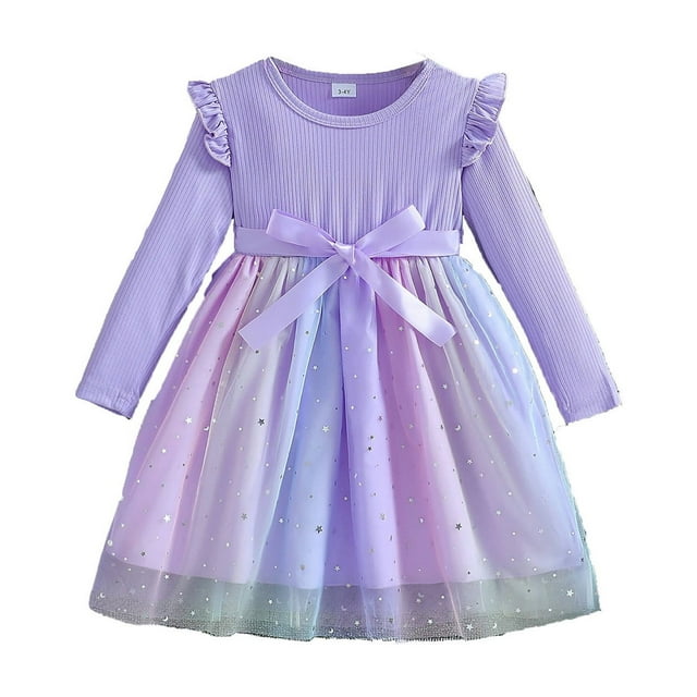 Xijirk Girls Long Sleeve Bow Dress Ruffle Crew Neck Mesh Princess Dress,Size 4-5 Years