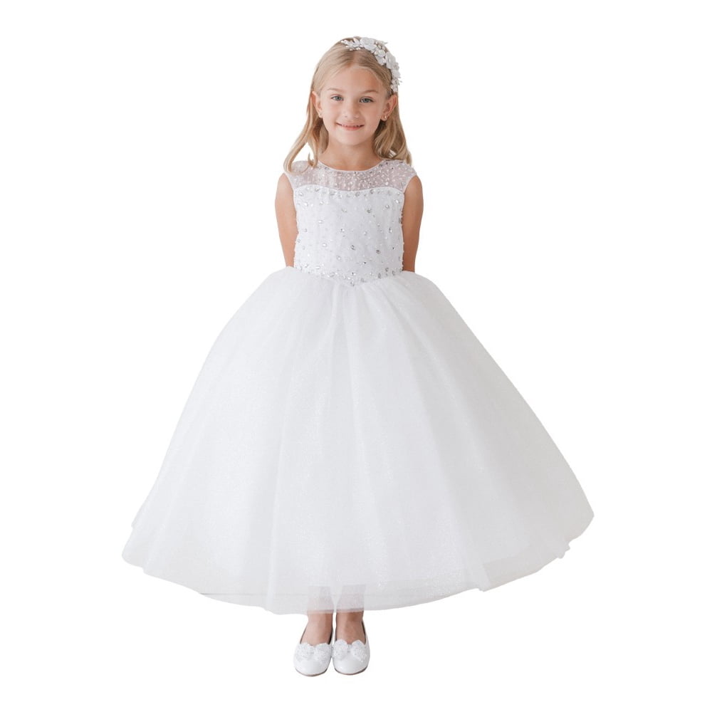 Tip Top Kids girls white glitter tulle illusion neckline junior