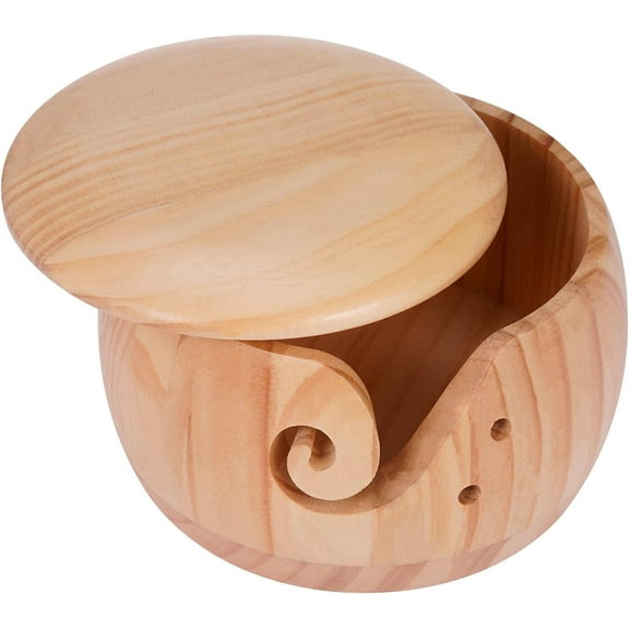 Yarn Bowl Holder with Lid, Wooden Yarn Storage Knitting Wool Storage, Basket Round with Holes Handmade Craft Crochet Kit Organizer for Crocheting