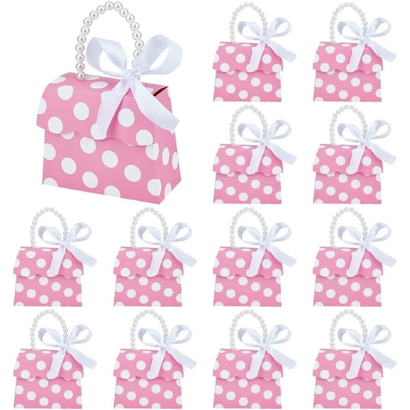 16 Set Rectangle Paper Gift Bags with Hole Imitation Pearl Handle Candy Tote for Birthday Wedding Pearl Pink 13.6x6x19.5cm
