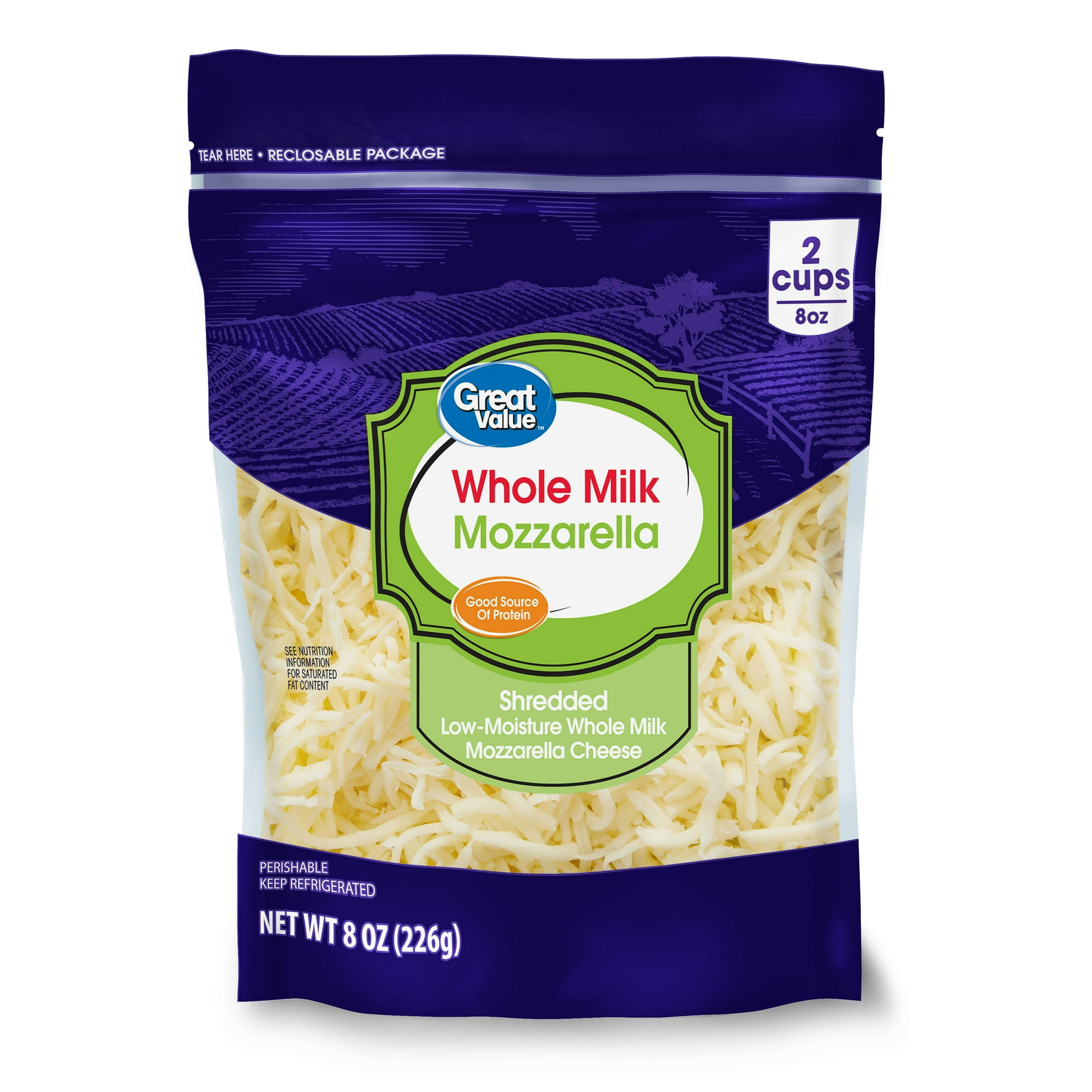 Great Value Whole Milk Low-Moisture Mozzarella Shredded Cheese, 8 oz Bag