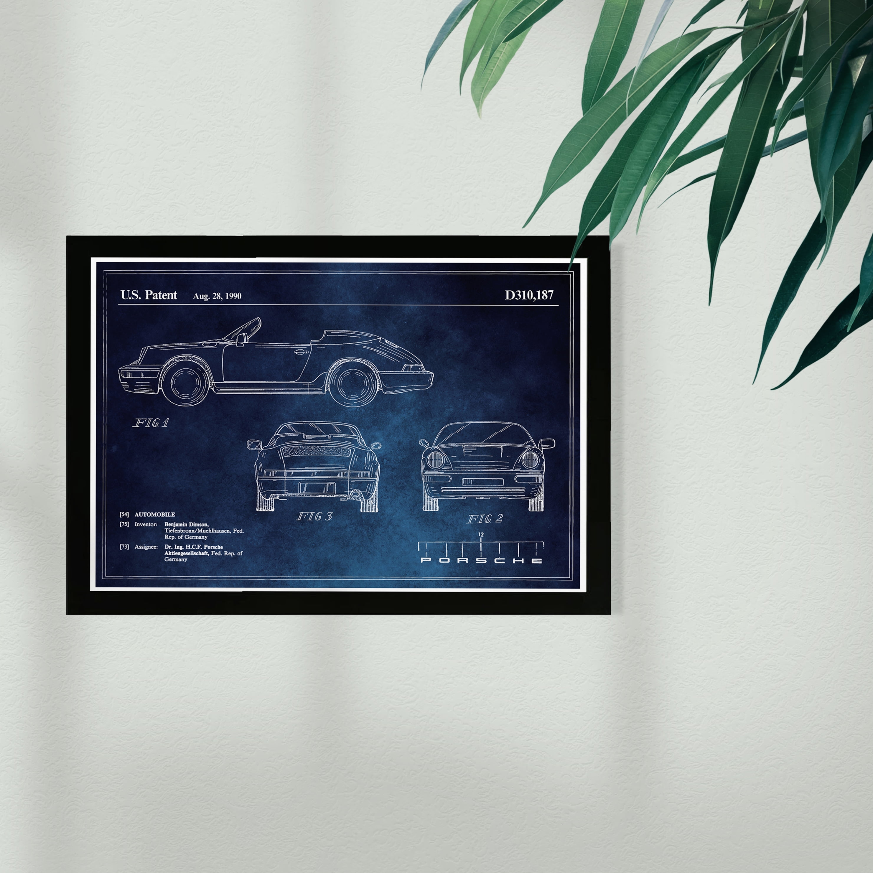 Wynwood Studio Transportation Framed Wall Art Prints 'Porsche 911 1990 Horizontal Blue Chalkboard' Automobiles - Blue, White, 19" x 13"