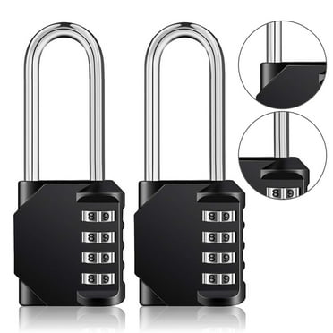 Long Shackle Padlock, 4 Digit Combination Lock, Resettable Weatherproof Combo Lock for School, Gym, Employee Locker, Outdoor, Fence (Black,Pack of 2)