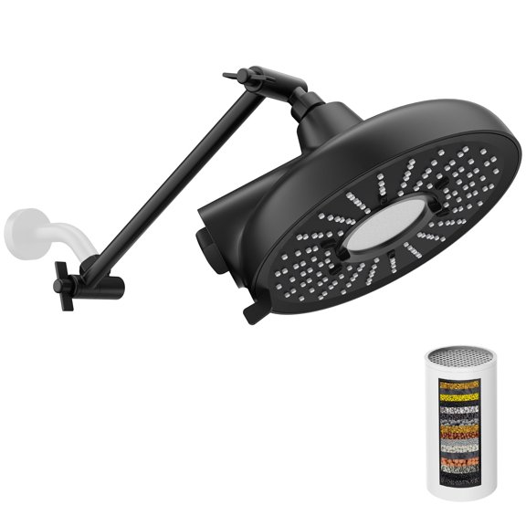 EMBATHER 8-Inch Filtered Shower Head with 11-Inch Adjustable Extension Arm, 3-Spray High Pressure Showerhead, 18-Stage Hard Water Filter, Brass Swivel, Matt Black