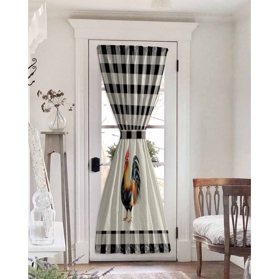 Black White Plaid Rooster Blackout Door Curtains for French, Glass,Front, Back, Patio Door, Vintage Farmhouse Checkered Rustic Thermal Insulated Rod Pocket Window Curtain Drapes With Tiebacks 25"x72"
