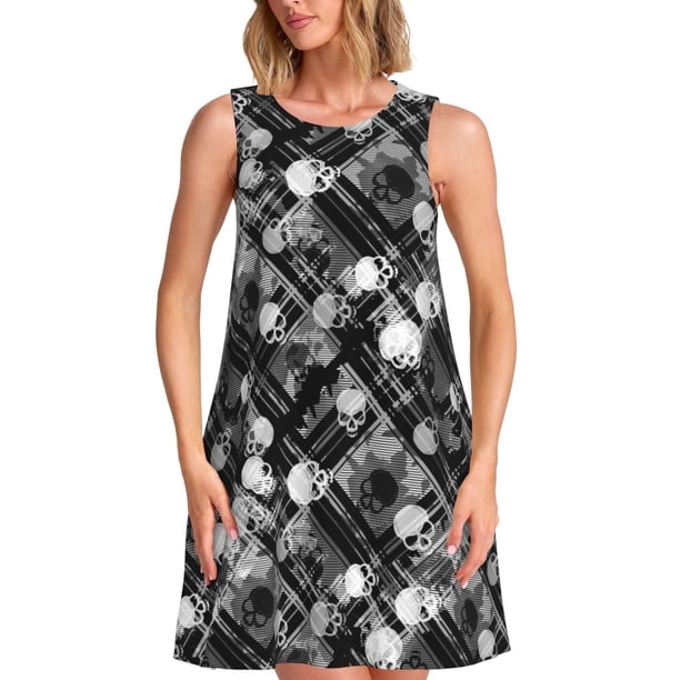 Fotbe Seamless Pattern With Skulls Vestido de Verano sin Mangas para Mujer – Vestido Midi Línea A, Estilo Camiseta Floral, Vestido Playero Casual y Fluido