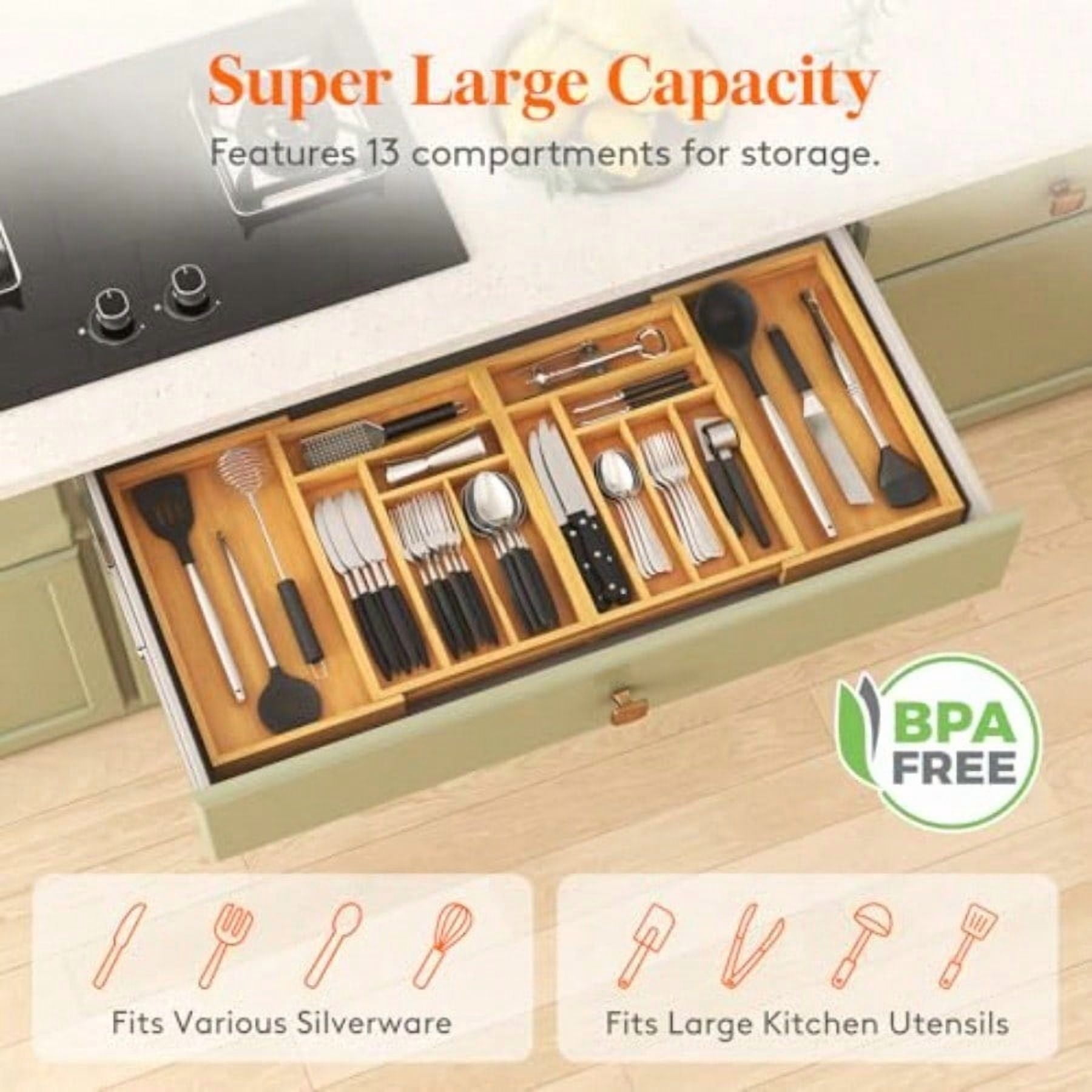 Large Sierware Drawer Organizer Expandable 21.4 to 36 Inches Wide Bamboo Utensil Tray for Kitchen Adjustable Flatware and Cutlery Holder for Spoons Forks Knives 13 Compartments Natural