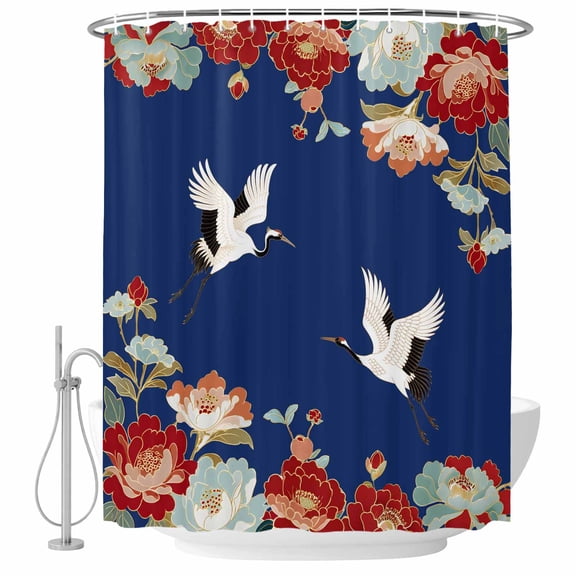 Blue Crane Shower Curtain Set - Long 72" x 84" Washable Bathtub Curtain with 12 Hooks, Vintage Red Teal Spring Floral Botanical Waterproof Fabric Stall Shower Curtains for Bathroom/Bathtub Décor