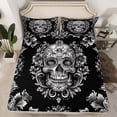 thumbnail image 2 of Homewish Spooky Gothic Skull Twin Sheet Sets,Retro Damask Flower Twin Fitted Sheet,Gray Black Flat Sheet For Men Women,Microfiber Bedroom Decor,3pcs, 2 of 7