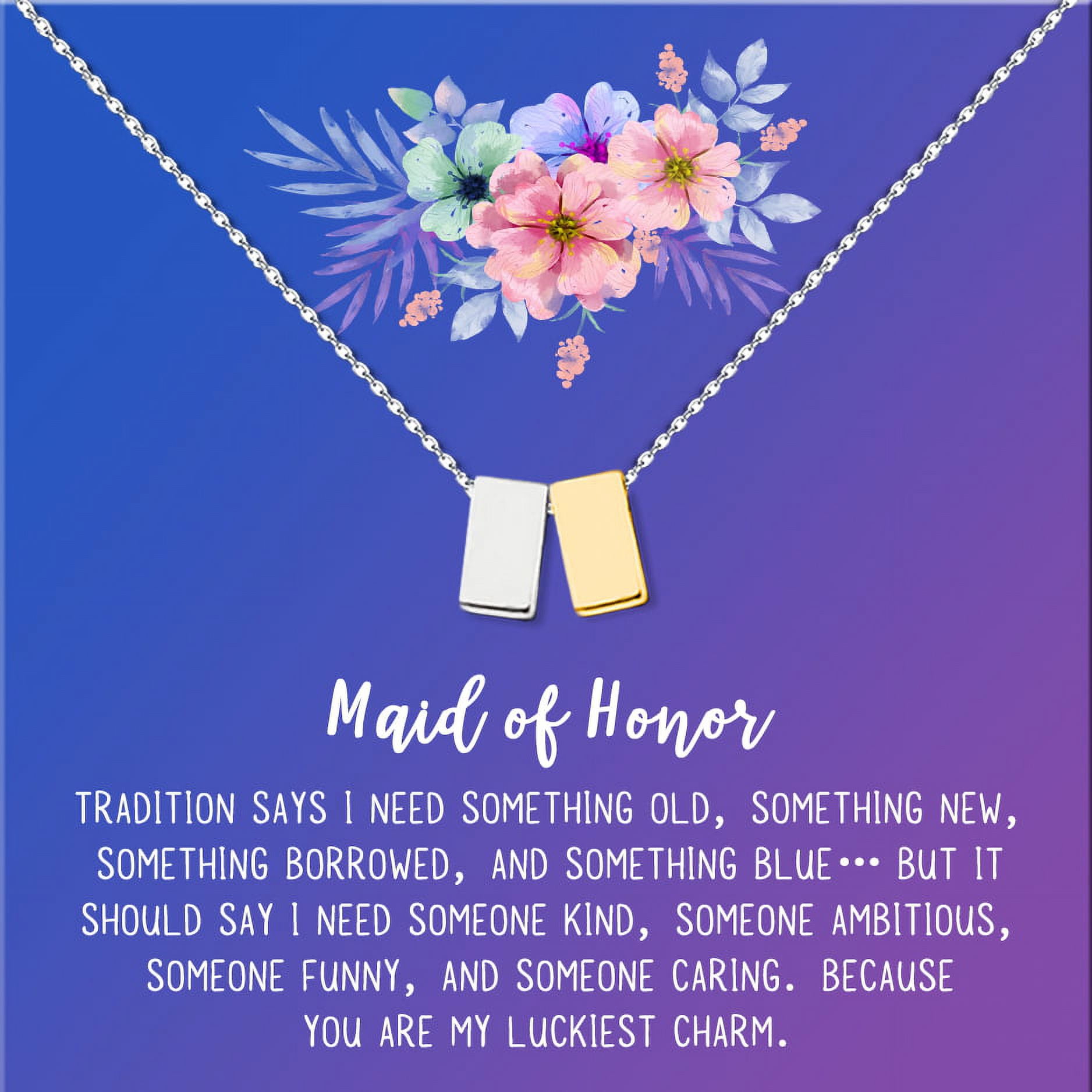 Anavia Maid of Honor Necklace Gift, Maid of Honor Sister Gift, Maid Of Honor Card for Girls, Wedding Gifts Jewelry Necklace-[Silver and Gold Double Cube, Blue-Purple Gift Card]