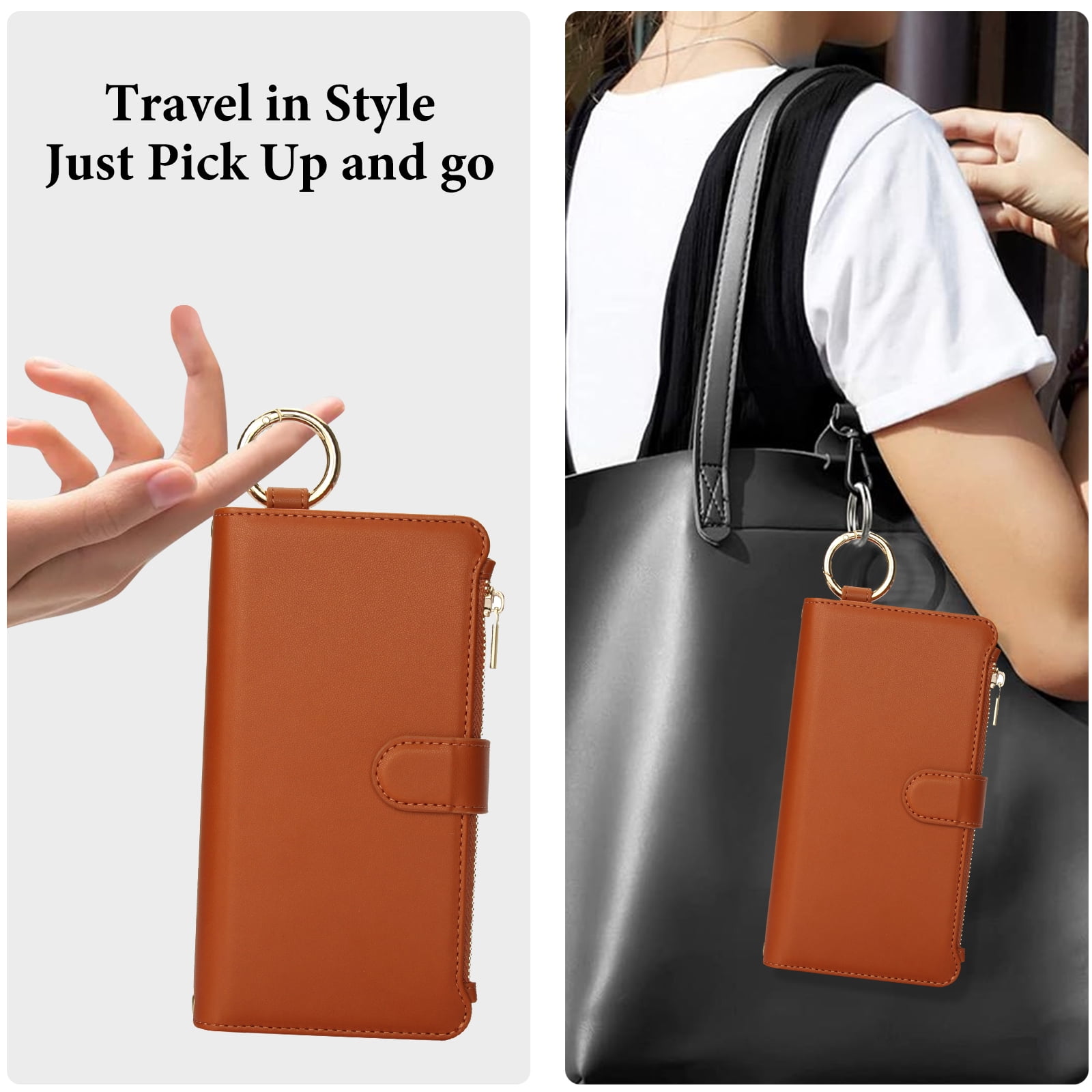 ELEHOLD For iPhone XS/X Phone Case Leather Crossbody Zipper Card Wallet Flip Case Kickstand Cover, with Ring Holder,Full Body Protection-Brown