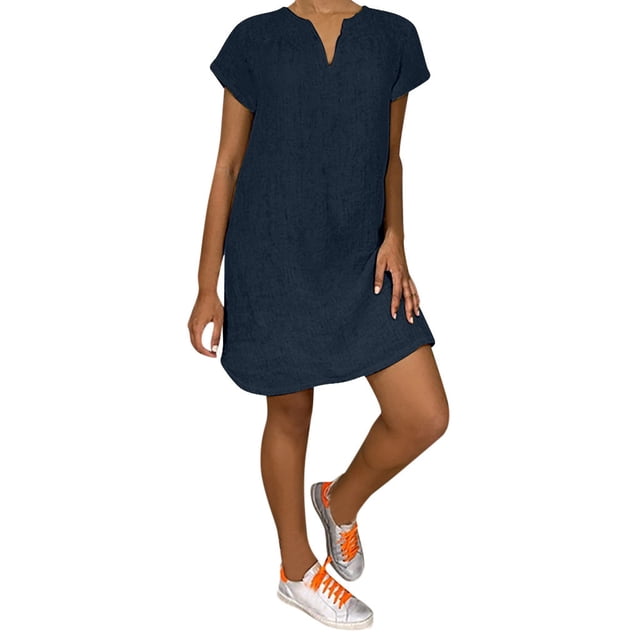 Robes d'Été Amples et Décontractées pour Femmes à Col en V et Manches Courtes - Mélange de Coton, Motif à Rayures, Parfaites pour les Occasions Quotidiennes et Décontractées