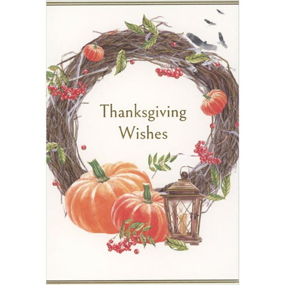 Pictura Wreath of Branches, Pumpkins and Berries and Lantern Thanksgiving Card