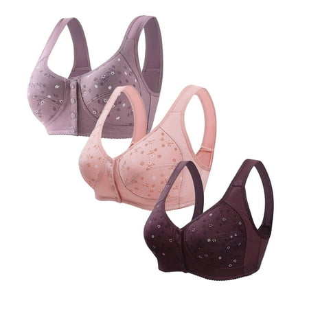 Ecqkame 3Pc Bras for Women No Underwire Wireless Lace Comfortable Breathable Bra Front Closure Push Up Plus Size Bras 3PC Red XXL on Clearance