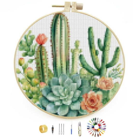 DIY Stamped Cross Stitch Kits Watercolor Cactus and Succulents Easy for Beginners with Hoop 11CT Counted Embroidery Needlepoint Crafts Arts for Handmade Enthusiasts and Home Decor 30x30cm(1)