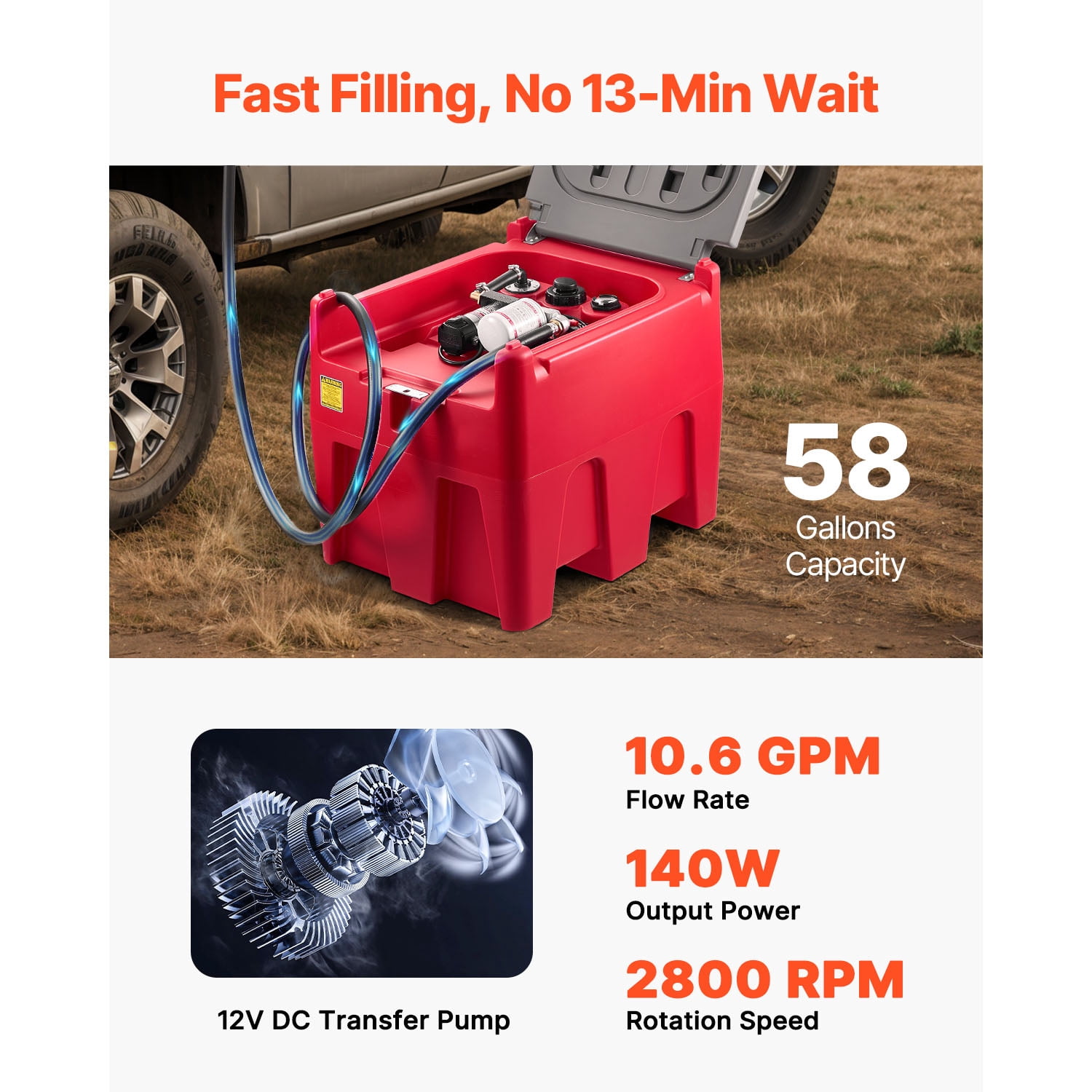KFFKFF Portable Diesel Tank, 58-Gallon Capacity with 10 GPM Flow Rate, Fuel Tank Featuring 12V Electric Pump and 13.1ft Rubber Hose, Durable PE Construction for Convenient Fuel Transport, Red
