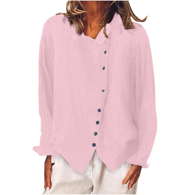 Timegard Hauts en Coton et Lin pour Femmes Col à Revers Boutonné Manches Longues Chemises Slim Bureau Décontracté Automne