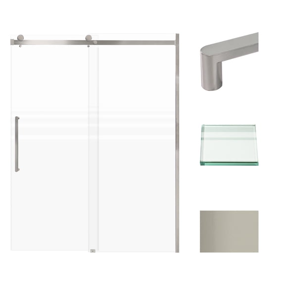 Transolid MBDT607608FL-R-BS Madeline 60 in. W x 76 in. H Frameless Sliding Barn Shower Door with Fixed Panel in Brushed Stainless with Frosted Glass and Riley Handles