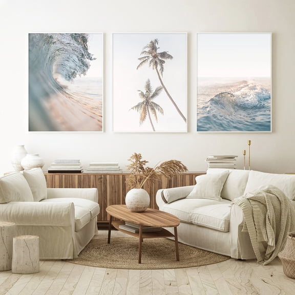 3pcs Set of Unframed Pastel Beach Ocean Canvas Prints with Palm Trees and Surfing Waves - Neutral Wall Art Posters for Modern Living Room, Bedroom, Dorm, and Home Decor - Perfect Gift, Beach Theme D
