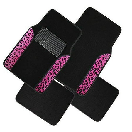 A Set of 4 Universal Fit Plush Carpet with Animal Print Floor Mats For Cars/Trucks (Pink Leopard)