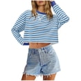thumbnail image 3 of UVEASISHA Chandail Court Rayé Femme Mode à Blocs de Couleur Col Rond chandail Court Manches Longues Décontracté Mignon Sans Capuche Vêtements Automne 2025 Ventes Printemps, Bleu Clair, G, 3 of 8