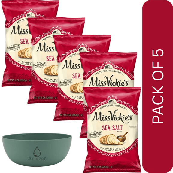 5 Pack Of Miss Vickie’s Sea Salt Kettle Cooked Potato Chips – 8 oz Bag, Gluten‑Free Crunch, With Olive Green Bowl By ValueNest