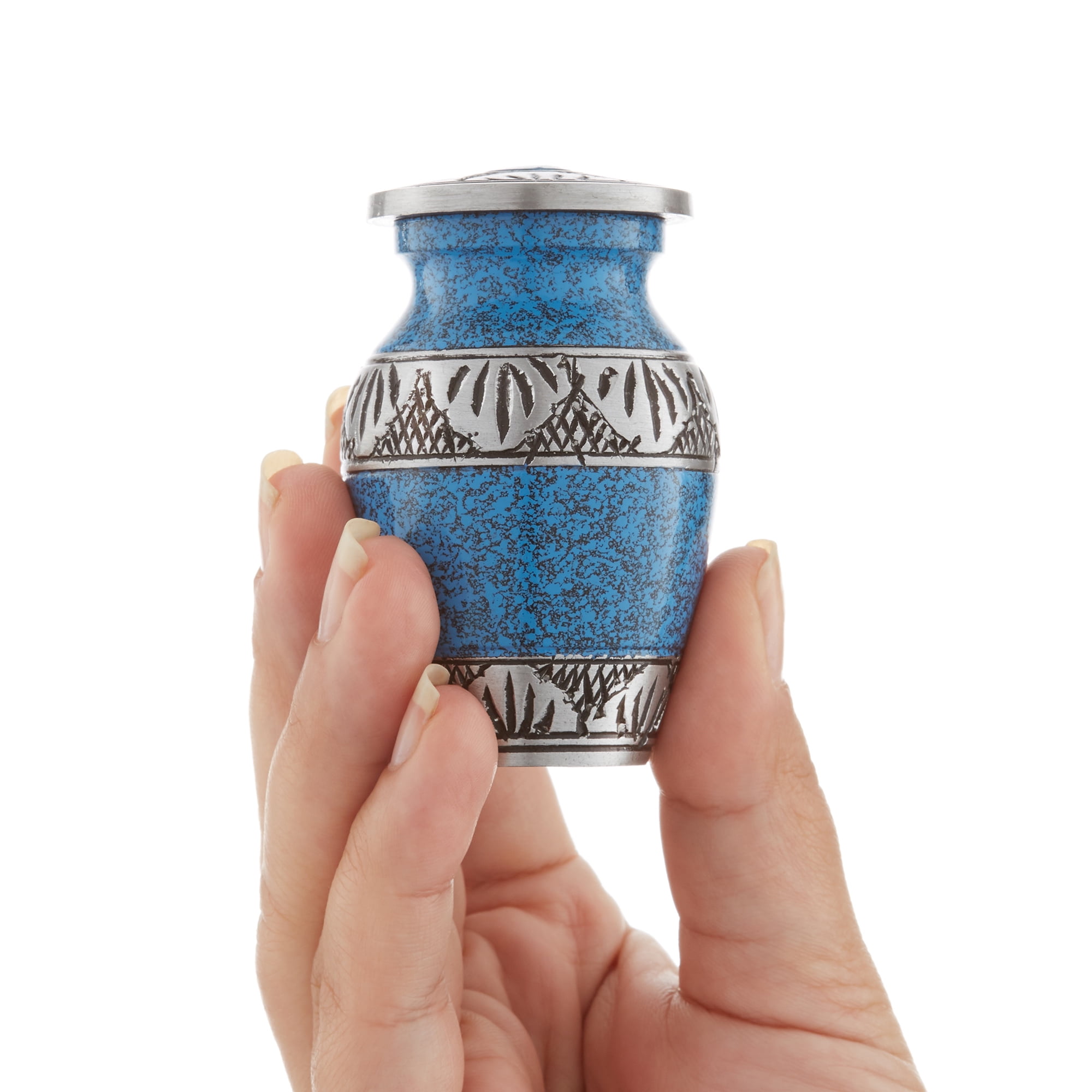 Reminded Small Cremation Urns for Human Ashes, Mini Keepsake Set of 4 Blue and Silver with Velvet Case
