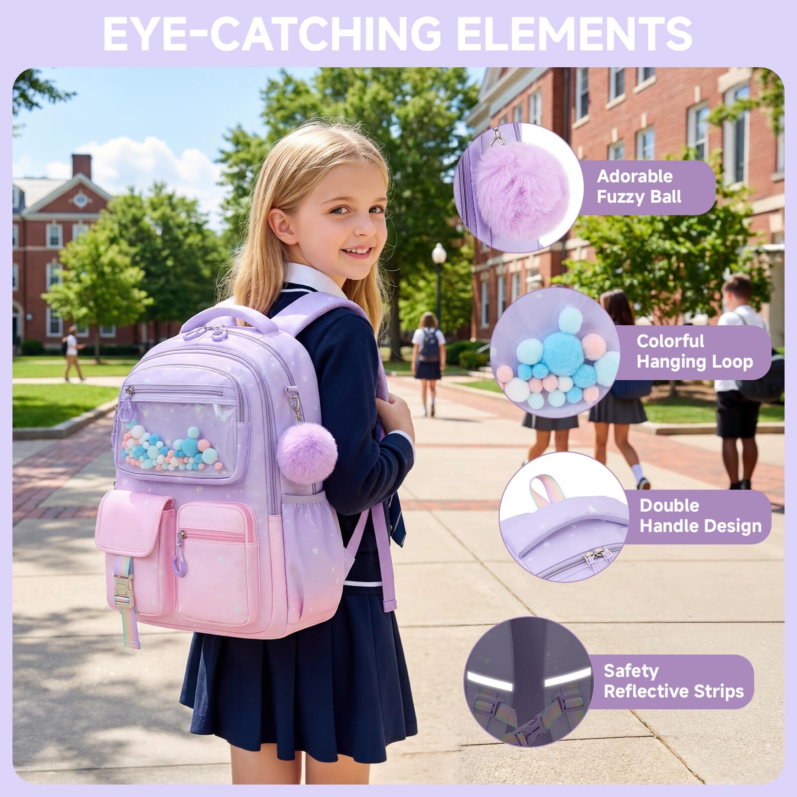 Mochila escolar para niñas de 20L para grados 1-5, ligera y ergonómica con tiras reflectantes, impermeable y con colgante lindo 7