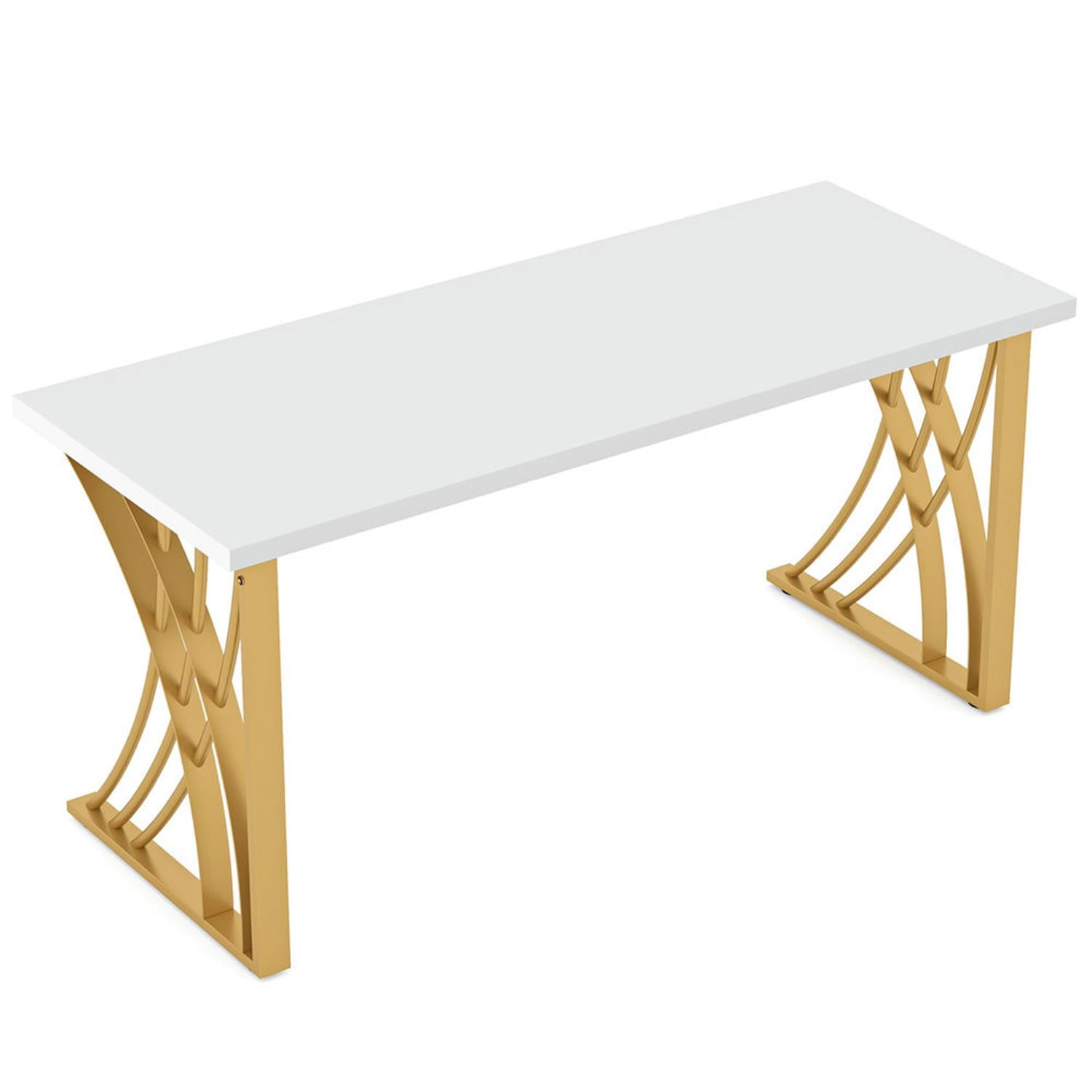 Demi Bonn 55" Executive Computer Desk with Gold Metal Legs, Modern Study Writing Gaming Table for Home Office, White